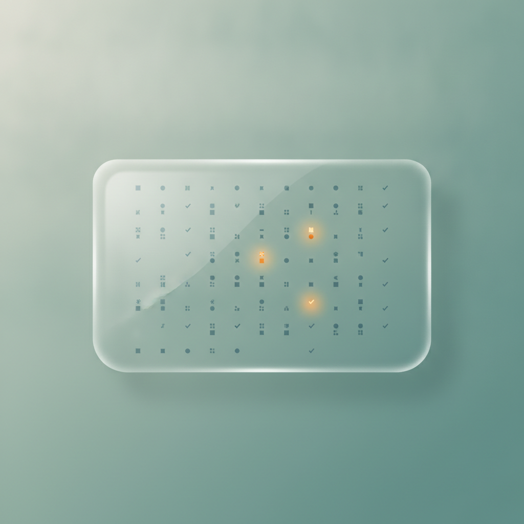 A frosted glass panel revealing an orderly grid of data points, three of them gently lit, suggesting imperfections shown honestly.