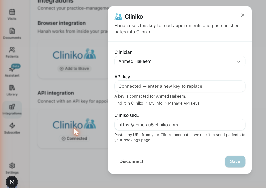 Hanah's Cliniko connection dialog, with fields for the clinician, the API key, and the practice's Cliniko URL.