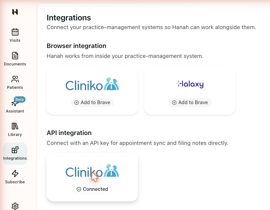 Hanah's Integrations page, showing a Browser integration section with Cliniko and Halaxy cards, and an API integration section with a Cliniko card marked Connected.