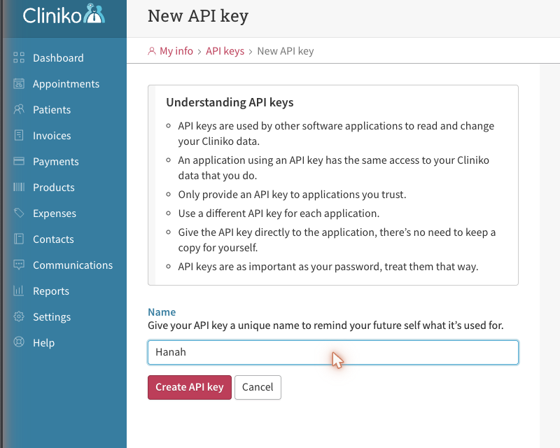 Cliniko's New API key screen, with the name field filled in as Hanah and a Create API key button below it.