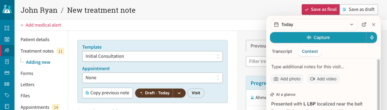 A Cliniko new treatment note screen. A Hanah draft pill and Visit button sit beside Cliniko's own template and appointment pickers, and the Hanah panel is open on the right with a Capture button and the visit's context.